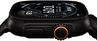 Apple Watch Ultra 3, eksterior samping, casing titanium hitam, kompas di wajah jam Orienteering, tombol samping dan digital crown