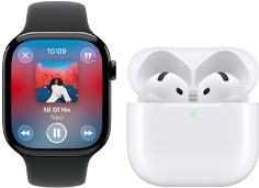 Apple Watch Series 11, casing titanium cokelat batu, tali jam: tali jam sport hitam, aplikasi Apple Music terbuka, dipasangkan dengan AirPods4