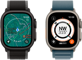 Dua perangkat Apple Watch Ultra 3, salah satunya memperlihatkan peta dan satu lagi memperlihatkan fitur Susuri, termasuk kompas, elevasi, dan titik jalan yang ditandai